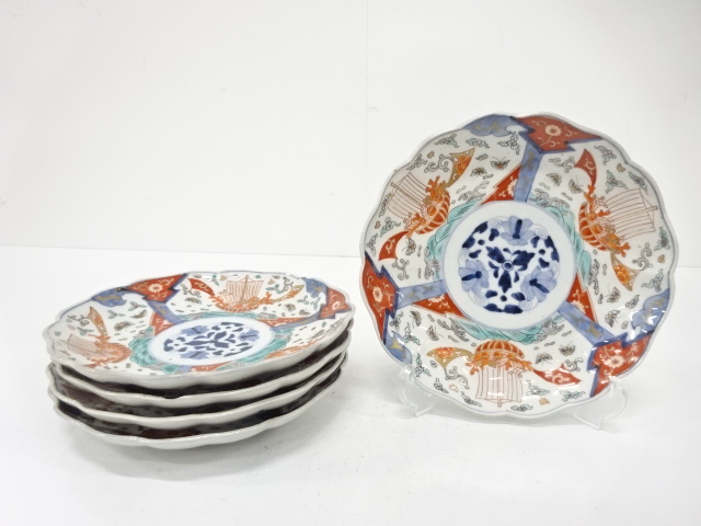 古伊万里　染付赤絵　宝船　七寸皿　5客揃